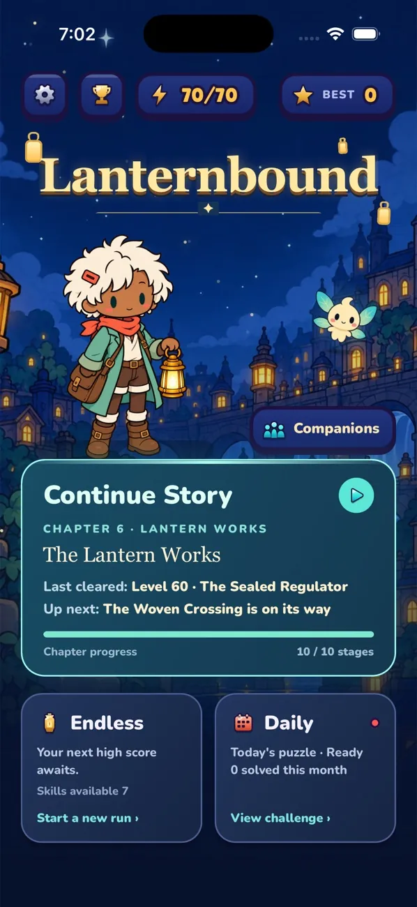 Lanternbound home screen with the Lantern Courier and the story, endless and daily modes