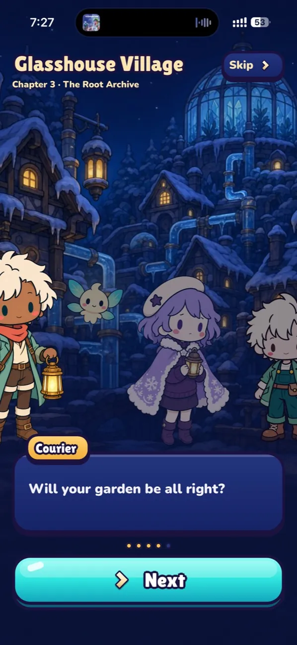 A Lanternbound story scene in Glasshouse Village